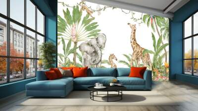 Watercolor composition with African animals and natural elements. Elephant, giraffe, monkeys, parrots, palm trees, flowers. Safari wild creatures. Jungle, tropical illustration for nursery wallpaper Wall mural