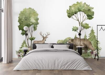 Watercolor composition with forest animals and natural elements. Deer, raccoon, bear, squirrel, green trees, flowers and mountains. Woodland creatures in the wild. Illustration for nursery, wallpaper Wall mural