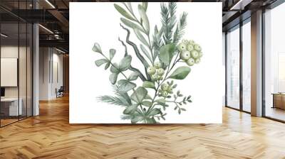 Watercolor composition with green winter leaves, branches, berries, eucalyptus. Christmas bouquet isolated on white background. Aesthetic illustration for wedding, business card, promotions Wall mural