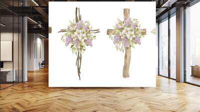 Watercolor crosses with flower bouquets. Easter catholic religious symbol. Orthodox cross for church and holidays. Latin symbol of the saint and spring floral arrangement Wall mural