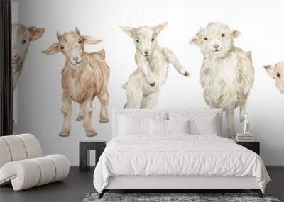 Watercolor cute farm animals. Little lamb, sheep, goat, calf, cow, pig. Adorable animals, rural mammal, domestic pet. Wall mural