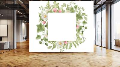 Watercolor frame with green ivy leaves, chamomile and clover flowers. Elegant simple nature ornament. Summer decorative frame for wedding invitation, greeting, cards. Wall mural