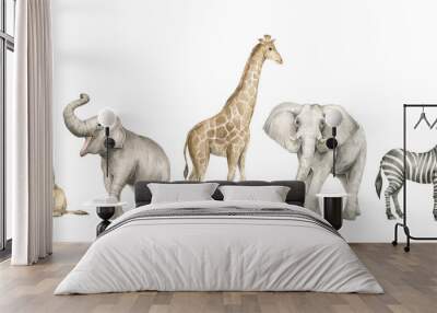 Watercolor set with wild savannah animals. Giraffe, elephants, lion, zebra. Cute safari wildlife animal Wall mural