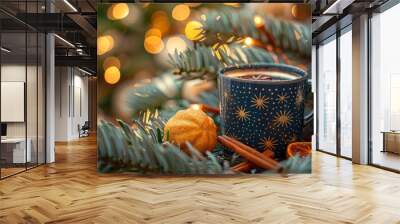 Christmas still life with cup of coffee, Christmas decorations and holiday lights, Christmas, Winter, Coziness, Mug Wall mural