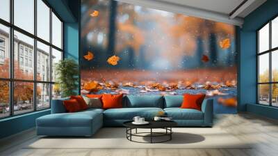 Falling leaves with rain in the park Wall mural