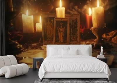 mystical and atmospheric setting with tarot cards and candles, spiritual crystals Wall mural