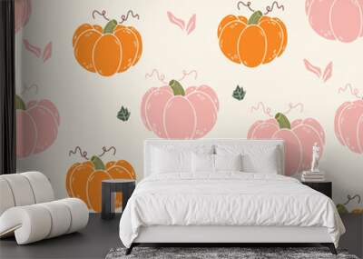 Pastel pumpkin seamless pattern, hand drawing pink and orange pumpkin on cream color background, vector illustration. Cute pumpkins hand drawn background, great for seasonal textile prints Wall mural