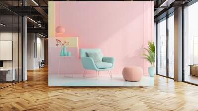 A room featuring a vibrant pink wall with a contrasting soft blue chair Wall mural