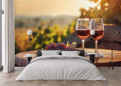 two glasses of wine on a wooden barrel with grapes with a beautiful view of the sun-drenched vineyards Wall mural