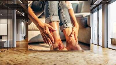 Two people's feet with red marks on them Wall mural