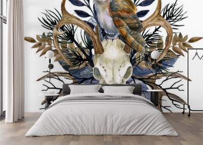 Watercolor Witchy Winter composition with deer antlers, barn owl and dark plants Wall mural