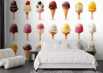 set ice cream isolated on white, set of different forms and flavours.  Wall mural