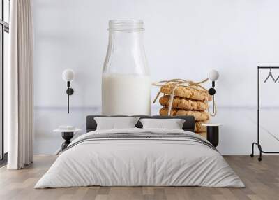 Biscuits with milk on wood background in the morning Wall mural