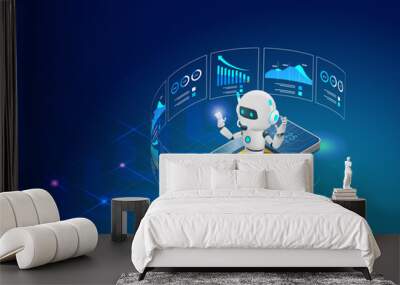 AI chat robot analyzing business graph chart data on smart phone. Artificial intelligence technology revolution and development, machine learning. Implement of robotic science research in business. Wall mural