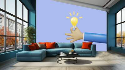 Businessman hand holding creative lightbulb. Business idea and inspiration. 3D rendering cartoon character. Wall mural