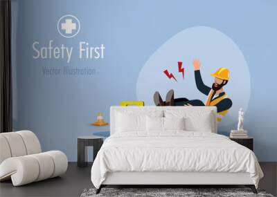 Construction worker slip and fall on wet floor. Safety first, accident caution at construction site. Vector.
 Wall mural