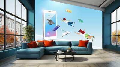 Metaverse virtual  education technology. Kids wear VR goggle glass flying to experience 3D space simulation interface on smart phone screen. Wall mural