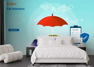 Online car insurance. Car on smart phone under protection from insurance policy, umbrealla and shield. Car accident, travel and car insurance concept. Wall mural