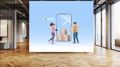 Online delivery service with success and excellent customer rating performance. Delivery man holding carton shipments with smart tracking technology and best delivery service performance. 3D Vector. Wall mural