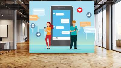 People using chatting application on smartphone for communication. Idea for social networking, social media marketing and digital online technology in people lifestyle concept. Wall mural