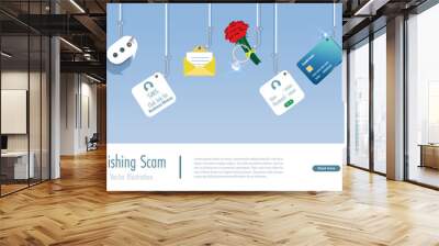 Phishing scam, cyber attack and digital crime. Online phishing hook with SMS fraud link, credit card, flower on romance scam, password hacking and fake message. Vector. Wall mural