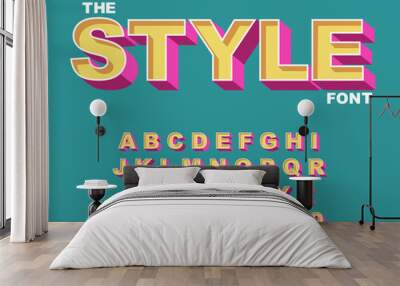 3d Bold retro font. Vintage Alphabet vector 80 s, 90 s Old style graphic poster Wall mural