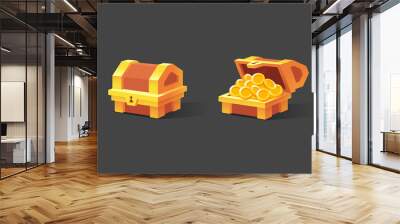 Wooden Chest set for game interface. Vector illustration. Wall mural