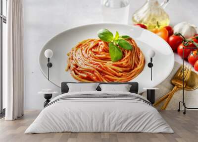 Spaghetti with tomato sauce and basil on white background Wall mural