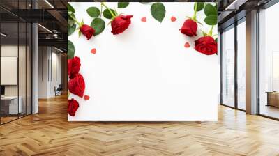 Top view of red roses and hearts for holidays Wall mural