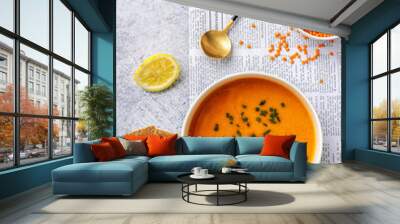 Top view of two plates with creamy and spice with lentil soup Wall mural