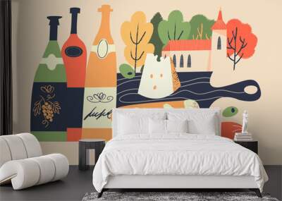 Beaujolais Nouveau. Festival of new wine in France. Wine and food. Vector illustration. Wall mural