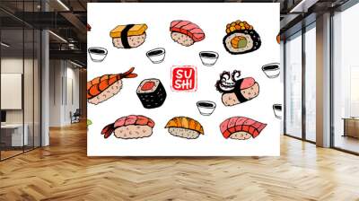 Set of hand drawn different Japanese sushi and rolls. Vector illustration. Wall mural