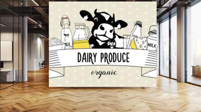 vector illustration of dairy products and cow. emblem organic dairy products. Wall mural