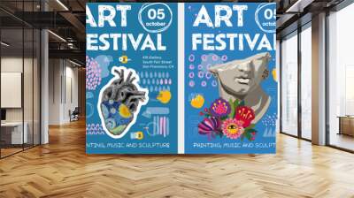 Art posters for art festival. Posters for art exhibition of painting, sculpture and music. Vector illustration of artist, artistic heart, greek sculpture with flowers, sunflowers Wall mural