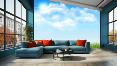 Beautiful vector sunny lawn or meadow with fluffy clouds and sun in the sky Wall mural