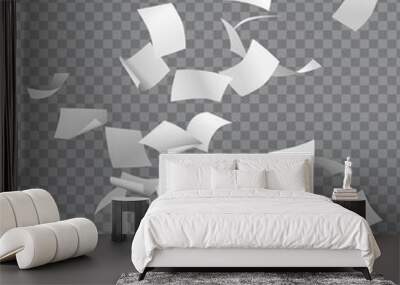 Group of flying or falling vector white papers isolated on transparent background Wall mural