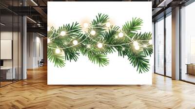 Seamless decorative christmas border with lights garland and coniferous branches isolated on transparent background Wall mural