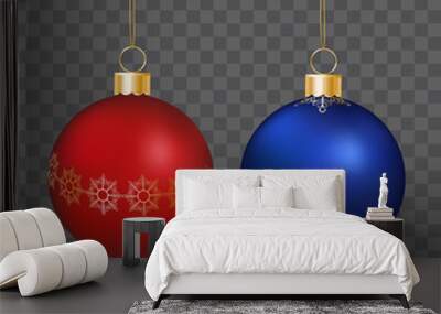 Set of beautiful vector shiny christmas baubles isolated on transparent background Wall mural