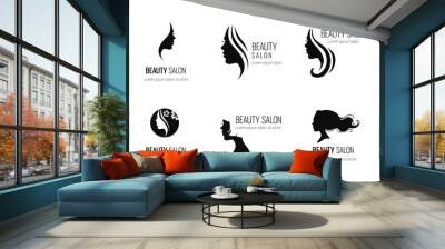 Set of black vector beauty salon or hairdresser icon designs isolated on white background Wall mural