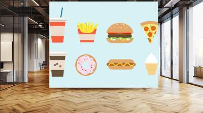 simple flat fast food illustrations isolated on light blue background Wall mural