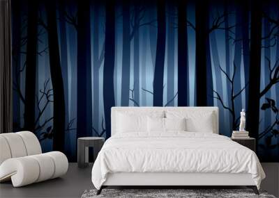 Vector blue mysterious dark forest landscape with silhouettes of trees and branches Wall mural