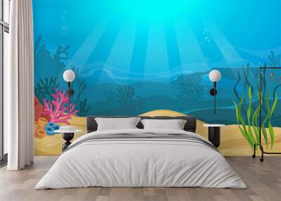 Vector cartoon colorful underwater landscape with sea plants and corals Wall mural