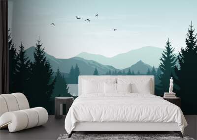 Vector landscape with blue silhouettes of mountains, hills and forest and sky with clouds and birds Wall mural