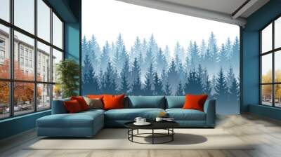 Vector misty forest landscape with detailed blue silhouettes of coniferous trees - seamless pattern Wall mural