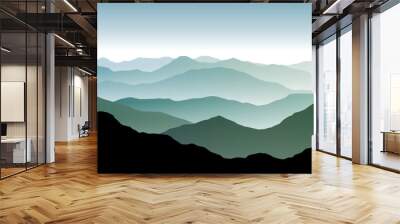 Vector panoramic landscape with blue and green misty silhouettes of mountains and clear sky Wall mural