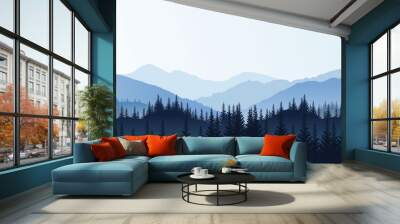 Vector panoramic landscape with blue silhouettes of trees and hills Wall mural