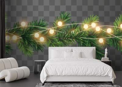 Vector seamless decorative christmas garland with coniferous branches and glowing light chain on transparent background Wall mural