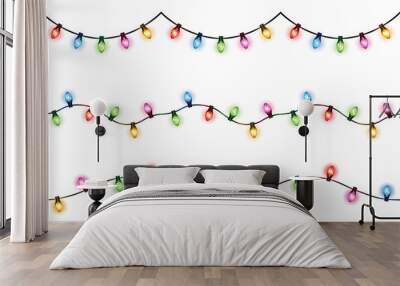 Vector set of realistic glowing colorful hanging christmas lights in seamless pattern on white background Wall mural