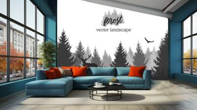 Vector vintage forest landscape with black and white silhouettes of trees and wild animals Wall mural