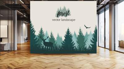 Vector vintage forest landscape with blue and grees silhouettes of trees and wild animals Wall mural